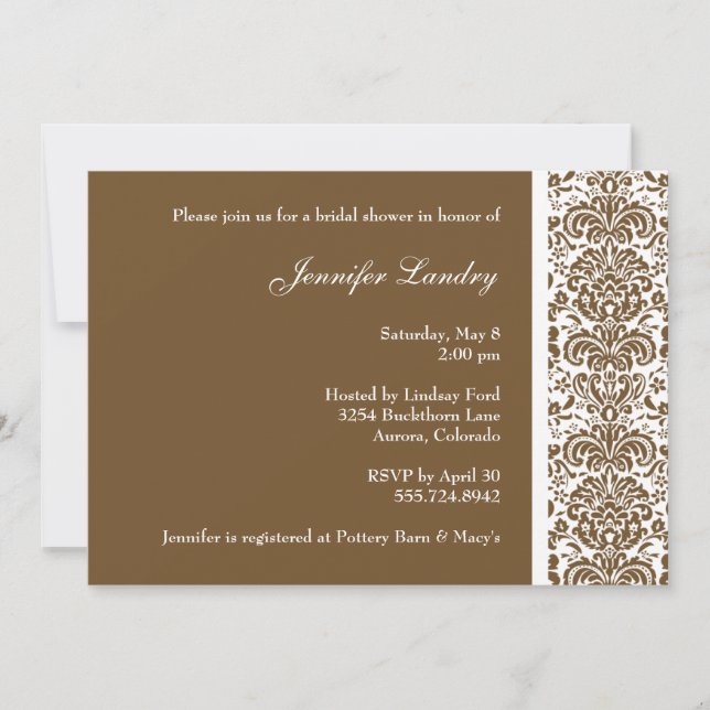 Chocolate Brown Damask Bridal Shower Invitation (Front)