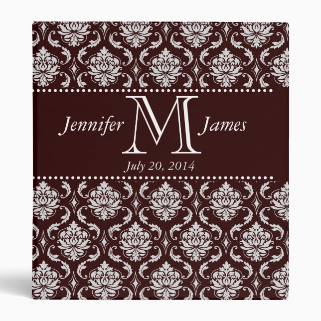 Chocolate Brown Damask Monogram Wedding Album Binder (Front)