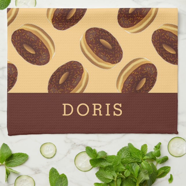 Chocolate brown doughnuts pattern kitchen towel (Folded)