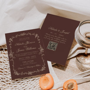 Chocolate Brown Floral Old Money QR Code Wedding Invitation