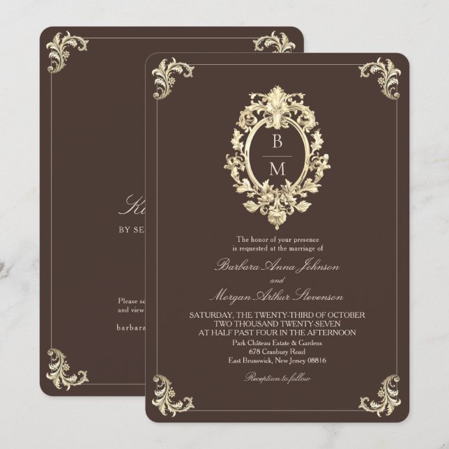 Chocolate Brown Gold Baroque Monogram QR Wedding Invitation (Front/Back)