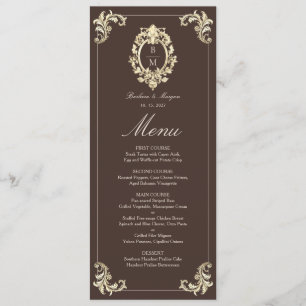 Chocolate Brown Gold Baroque Monogram Wedding Menu