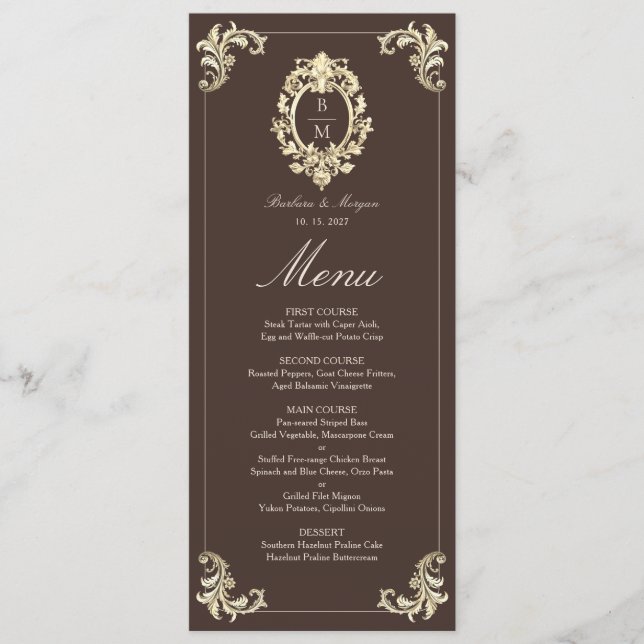 Chocolate Brown Gold Baroque Monogram Wedding Menu (Front)