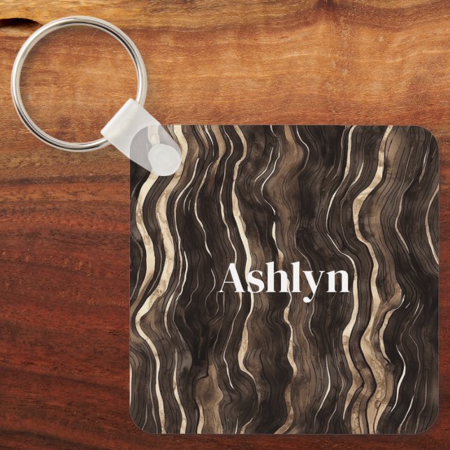 Chocolate Brown Gold Wavy Stripes Keychain (Front)