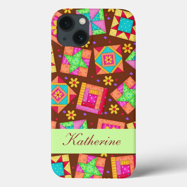 Chocolate Brown Green Patchwork Quilt Block Art Case-Mate iPhone Case (Back)