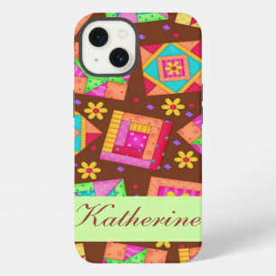 Chocolate Brown Green Patchwork Quilt Block Art iPhone 13 Case