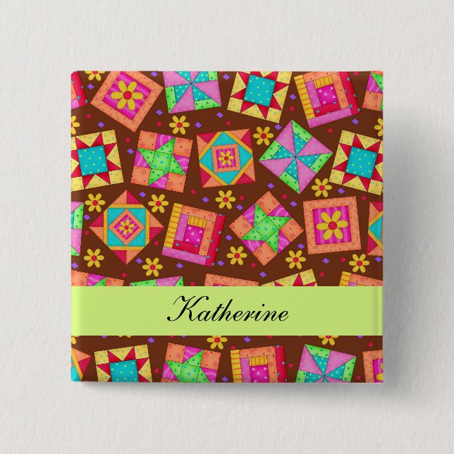Chocolate Brown Green Patchwork Quilt Name Badge 2 Inch Square Button (Front)