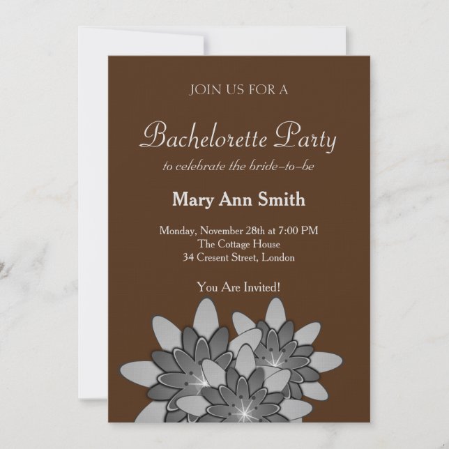 Chocolate Brown Grey Floral Lotus Bachelor Party Invitation (Front)
