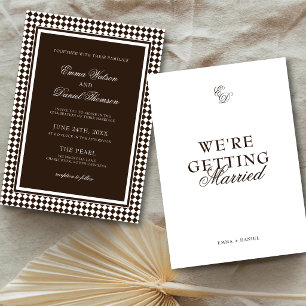 Chocolate Brown Harlequin Border Wedding Invitation