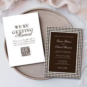 Chocolate Brown Harlequin Border Wedding QR Code Invitation