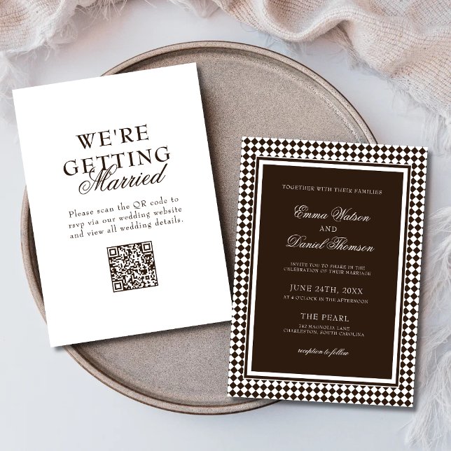 Chocolate Brown Harlequin Border Wedding QR Code Invitation (Chocolate brown QR code wedding invitation shares details seamlessly with elegant style.)
