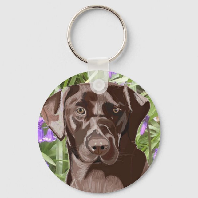 Chocolate Brown Labrador against Bluebells Keychain (Front)