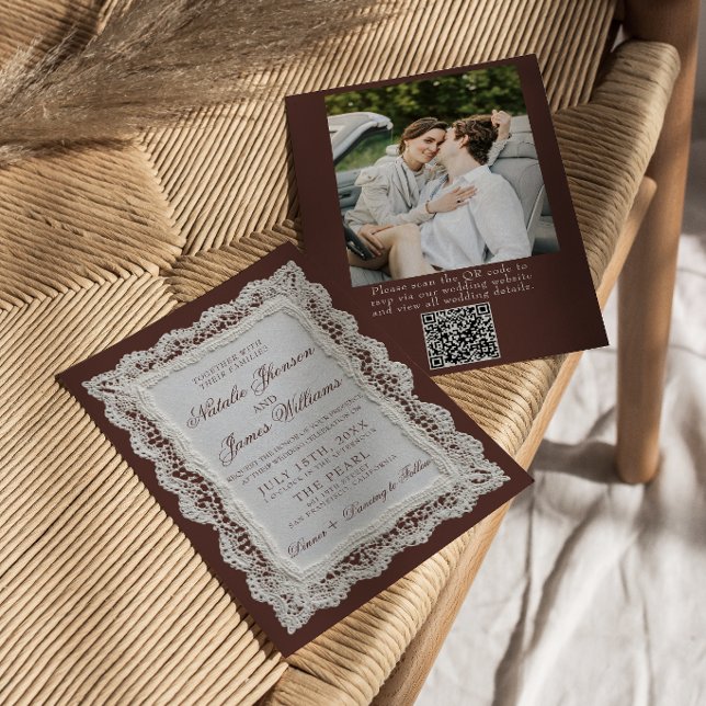 Chocolate Brown Lace Doily Photo QR Code Wedding  Invitation (Creator Uploaded)