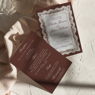 Chocolate Brown Lace Old Money All In One Wedding Invitation