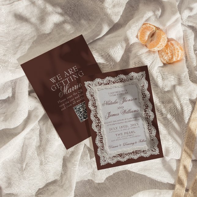 Chocolate Brown Lace Old Money QR Code Wedding Invitation (Creator Uploaded)