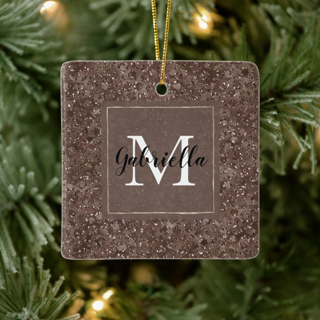Chocolate Brown Leopard Glitter Monogram          Ceramic Ornament (Tree)
