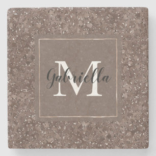 Chocolate Brown Leopard Glitter Monogram Stone Coaster