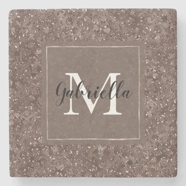 Chocolate Brown Leopard Glitter Monogram           Stone Coaster (Front)