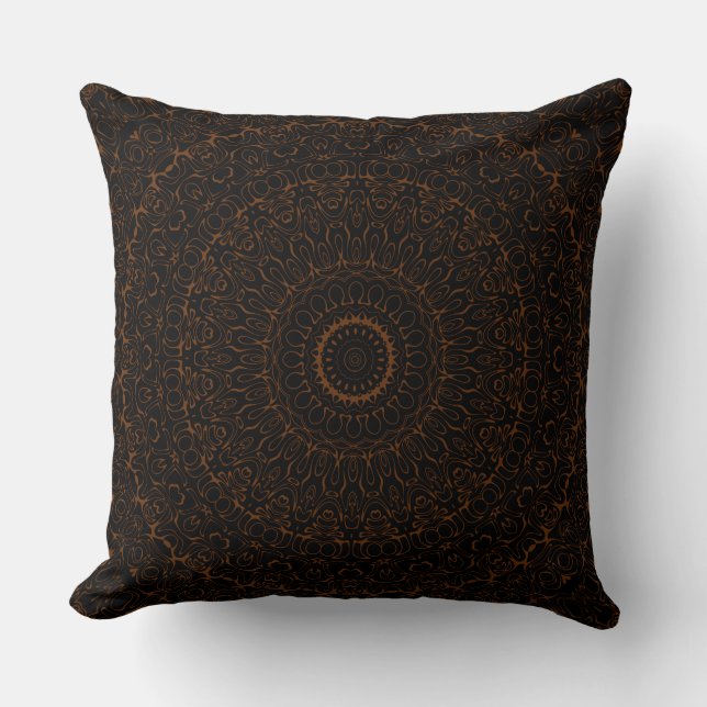 Chocolate Brown Mandala with Intricate Symmetry Throw Pillow (Front)