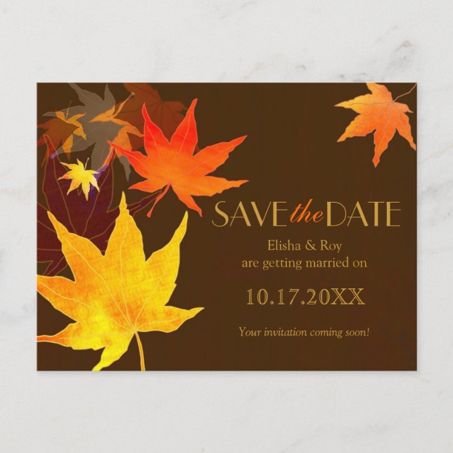 Chocolate Brown Maple Leaf Wedding Save the Date Announcement Postcard (Front)