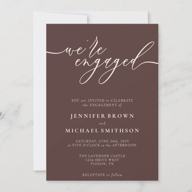 Chocolate Brown Minimal We are Engaged Invitation (Front)