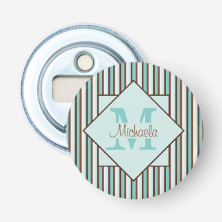 Chocolate Brown & Mint Green Stripes Monogram Bottle Opener