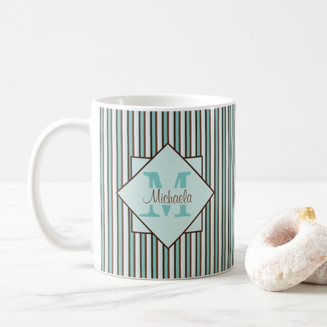 Chocolate Brown & Mint Green Stripes Monogram Coffee Mug (With Donut)