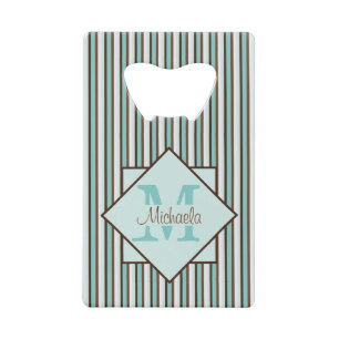 Chocolate Brown & Mint Green Stripes Monogram Credit Card Bottle Opener