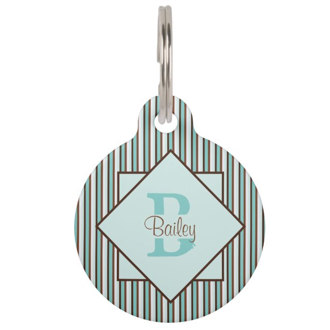 Chocolate Brown & Mint Green Stripes Monogram Pet Tag (Front)