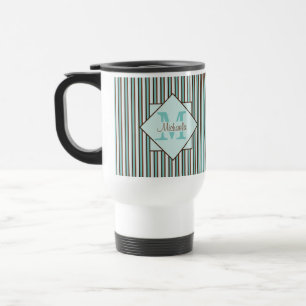Chocolate Brown & Mint Green Stripes Monogram Travel Mug