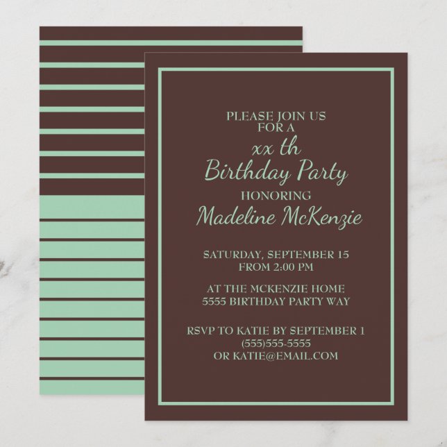 Chocolate Brown Mint Striped Birthday Party Invite (Front/Back)
