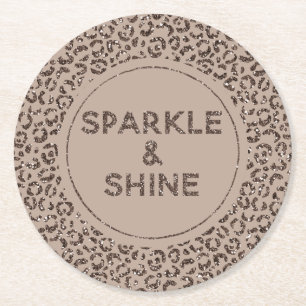 Chocolate Brown Mocha Cream Leopard Glitter Shine Round Paper Coaster