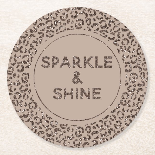 Chocolate Brown Mocha Cream Leopard Glitter Shine  Round Paper Coaster (Front)
