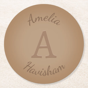 Chocolate Brown Monogram & Name Personalized Round Paper Coaster