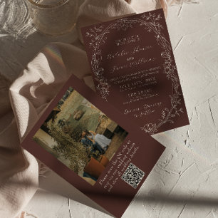 Chocolate Brown Old Money Photo QR Code Wedding  Invitation