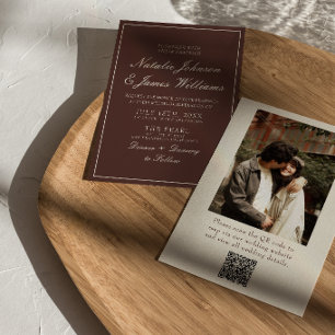 Chocolate Brown Old Money QR Code Photo Wedding Invitation