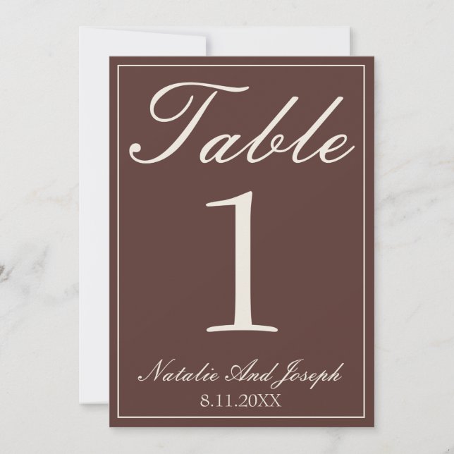 Chocolate Brown Old Money Wedding Table Number (Front)