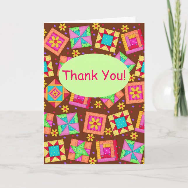 Chocolate Brown Patchwork Quilt Art Thank You Card (Front)
