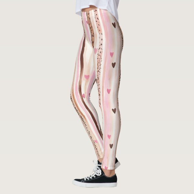 Chocolate Brown Pink Stripes Hearts Leggings (Left)