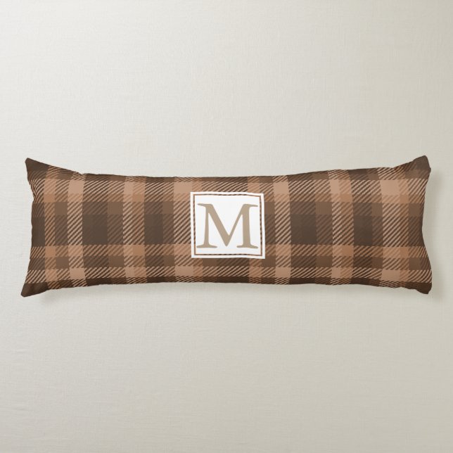 Chocolate Brown Plaid Monogrammed Body Pillow (Front)