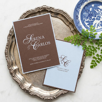 Chocolate Brown Powder Blue Modern Wedding Invitation