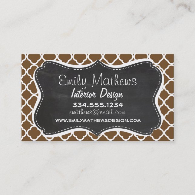 Chocolate Brown Quatrefoil; Vintage Chalkboard Business Card (Front)