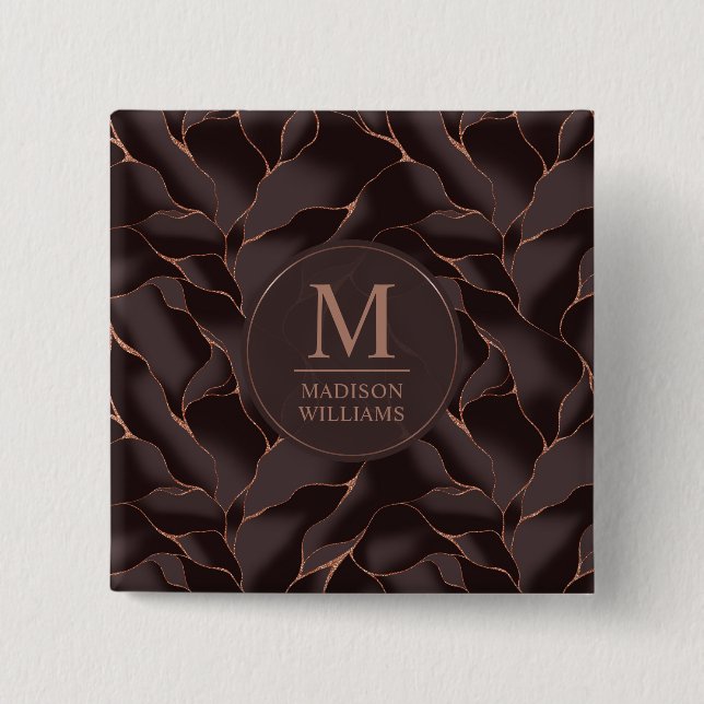 Chocolate Brown & Rose Gold Abstract Wave Pattern 2 Inch Square Button (Front)