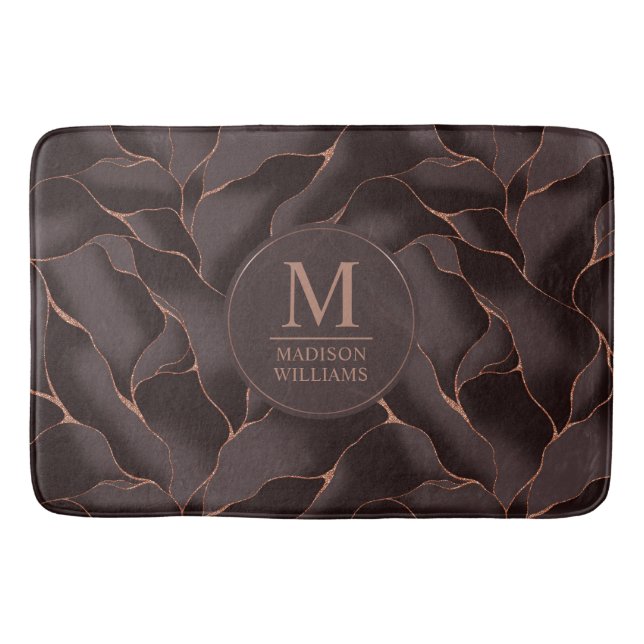 Chocolate Brown & Rose Gold Abstract Wave Pattern Bath Mat (Front)