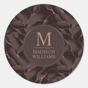 Chocolate Brown & Rose Gold Abstract Wave Pattern Classic Round Sticker