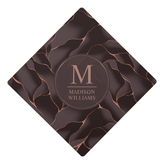 Chocolate Brown & Rose Gold Abstract Wave Pattern Graduation Cap Topper (Front)