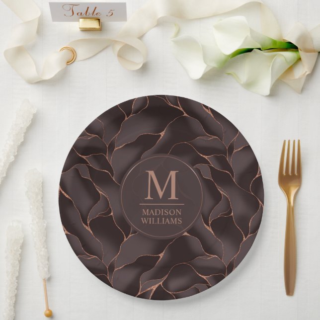 Chocolate Brown & Rose Gold Abstract Wave Pattern Paper Plate (Wedding)