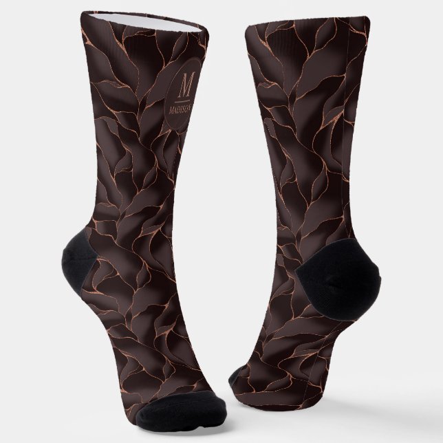 Chocolate Brown & Rose Gold Abstract Wave Pattern Socks (Angled)
