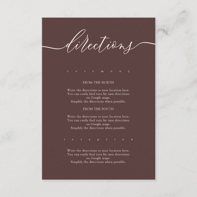 Chocolate Brown Simple Wedding Directions Enclosure Card (Front)