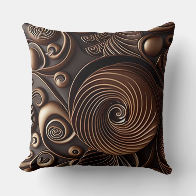 Chocolate Brown Spirals with Bronze Linework Throw Pillow (Front)